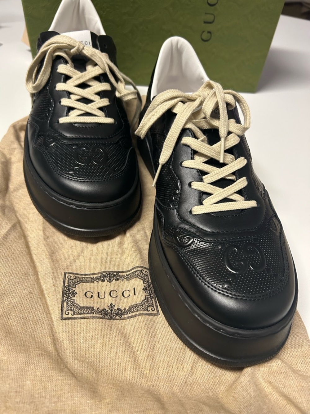 **AUTHENTIC** Gucci Black Leather Sneakers w/ box, dust bags, and extra laces. - Picture 2 of 12